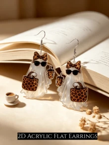 2D Flat Acrylic Ghost Earrings, Leopard Print Bow Fashion Glasses Ghost Dangle Earrings, Halloween Sweet & Cool Ghost Accessories Women's Gift - Leopard Print Bow Ghost - View 6