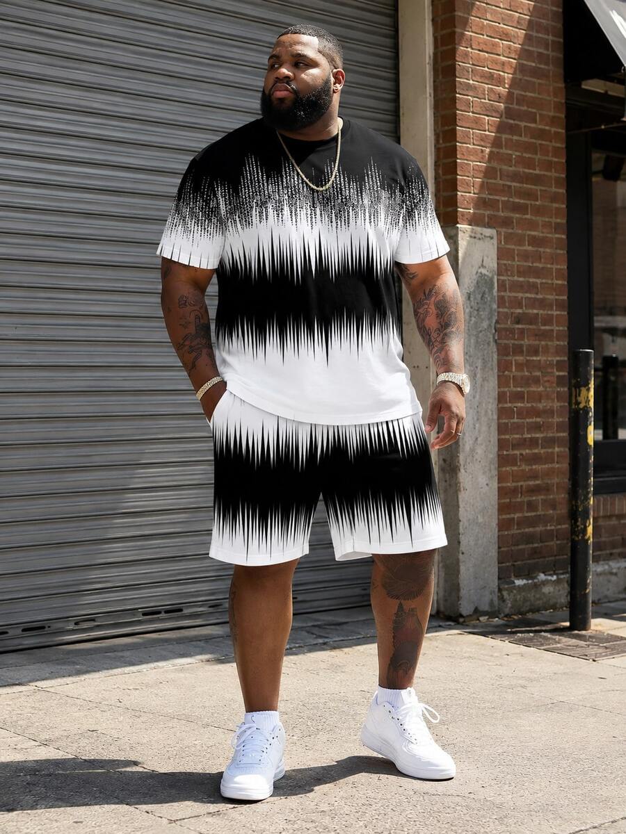 2pcs/Set Summer Men's Big & Tall Plus Size Set, Black & White Gradient Ripple Print Top And Shorts, Fashionable High Street Casual Outfit Sports - Black and White - View 1