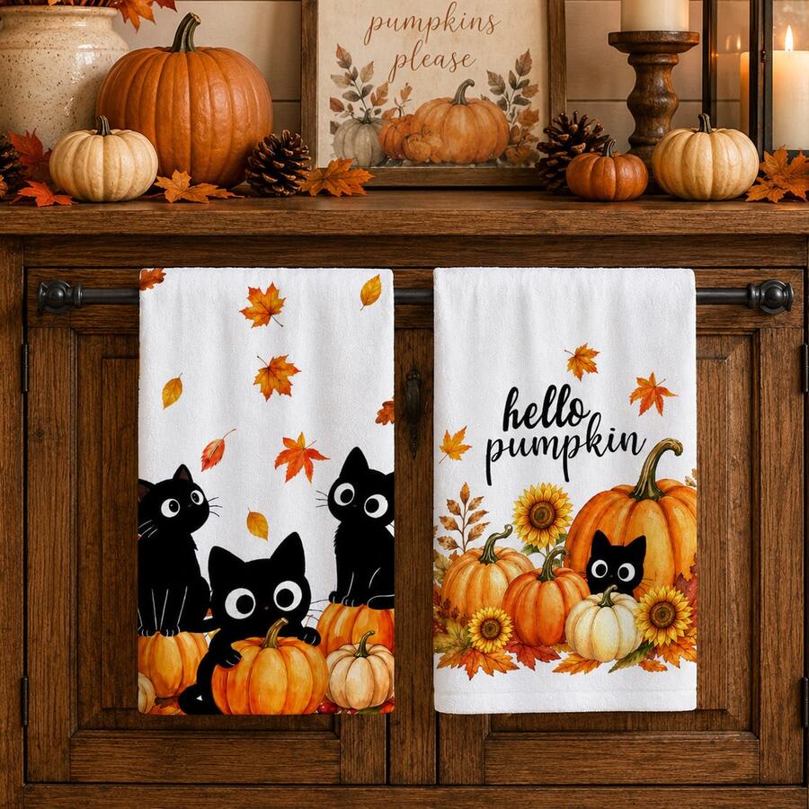 2 buah Handuk Dapur Motif Daun Musim Gugur & Warna Beige, Handuk Tangan Bermotif yang Menyerap, Handuk Teh Dekoratif untuk Dapur Musim Gugur, Hari Thanksgiving, Musim Panen, Pesta Peresmian Rumah, Ruang Makan Rumah, Dekorasi Rumah, Set 4/6/8 buah - MultiWarna - View 1