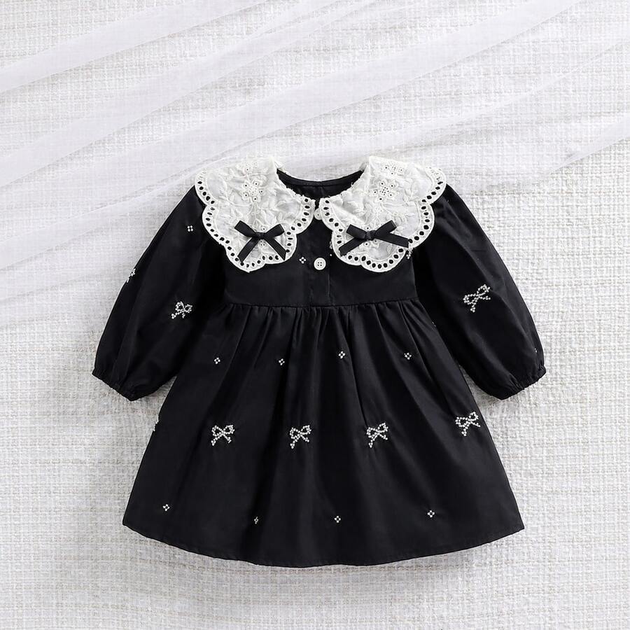 1pc Girls Embroidered Floral Dress With Ruffled Collar, Loose Elegant Casual Midi Dress With Bow, Spring/Summer/Autumn - Black - View 1