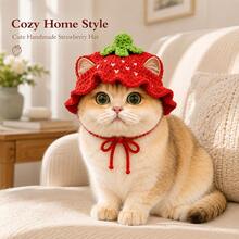 Cute Strawberry Crochet Pet Hat, Handmade Fruit Shaped Hat With Ear Holes And Ties, Suitable For Cat Photo Props, Party, Birthday And Daily Dress Up - Multicolor - View 6