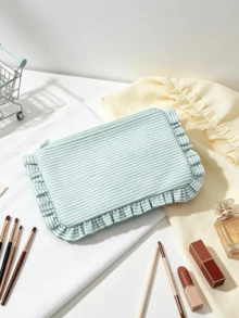 Ruffle Trim Striped Makeup Bag, Soft Fabric Zipper Cosmetic Pouch, Portable Travel Toiletry Organizer - Multicolor - View 10