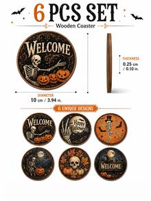 6pcs Halloween Wooden Coasters, 10cm Round Vintage Skull Pumpkin Bat Print Drink Coasters, Gothic Style Halloween Tabletop Decor, Suitable For Parties, Bars, Kitchens And Home - Multicolor - View 12