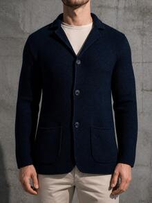 Autumn Winter New Men Lapel Knit Cardigan Single‑Breasted Sweater Blazer Coat European & American Outerwear - White - View 2