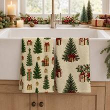 2pcs Off-White Christmas Tree Gift Pattern Kitchen Towels, Vintage Christmas Tree Red Bow Gift Box Full Print Decorative Tea Towels, Suitable For Christmas, Christmas Party, Winter Kitchen, Holiday Home Decor, 4/6/8pcs Combination Pack - Multicolor - View 3