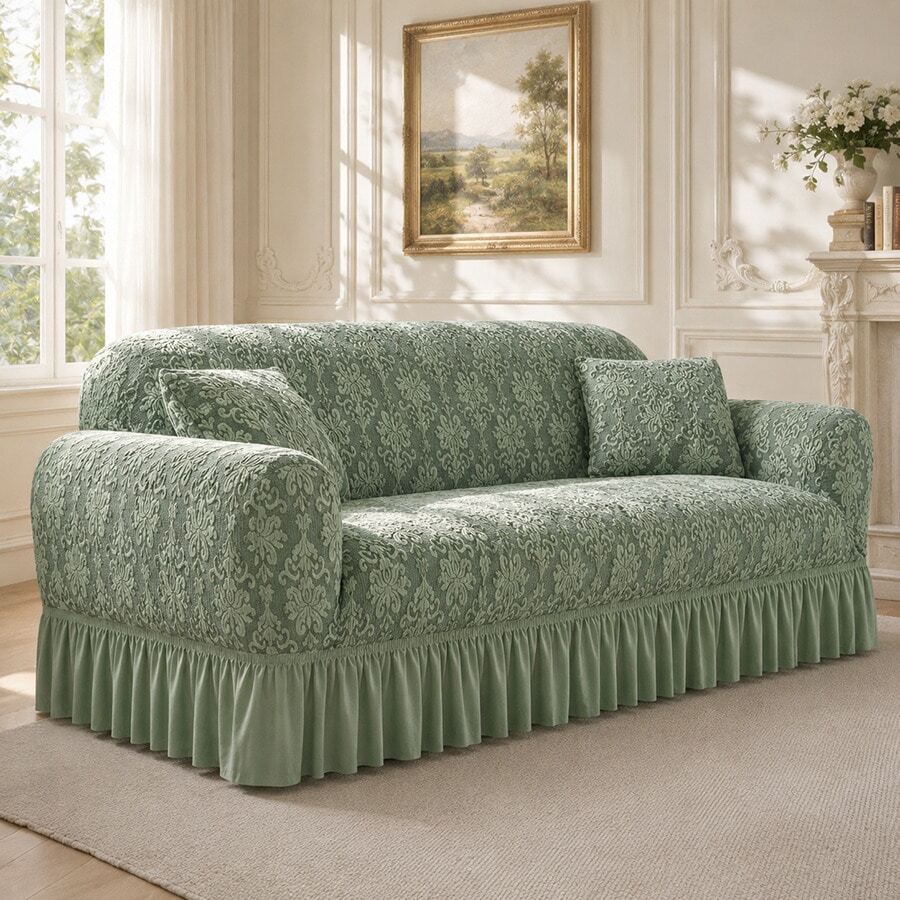 1pc Vintage Woven Jacquard Pattern Hem Style Full Stretch Sofa Cover, No Pillowcase, Dust-Proof & Dirt-Resistant, Elastic One-Piece Full Coverage Sofa Protector, Living Room Home Decor, Machine Washable & Water Washable - Mint Green - View 1