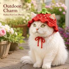 Cute Strawberry Crochet Pet Hat, Handmade Fruit Shaped Hat With Ear Holes And Ties, Suitable For Cat Photo Props, Party, Birthday And Daily Dress Up - Multicolor - View 5