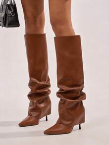 Stylish Women's Slouchy Knee High Boots Point Toe Stilettos Thin High Heels Ruched Design Wide Calf Shark Fold Over Boots Pull On Dress Party Shoes - 棕色 - 查看 5