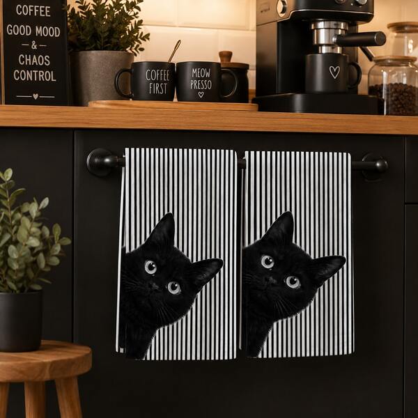 2pcs Black Cat Pattern Black & White Striped Kitchen Towels, Modern Farmhouse Style Soft Absorbent Rectangular Cat Print Hand Towels, Suitable For Halloween, Kitchen Decor And Daily Use 4/6/8pcs Set