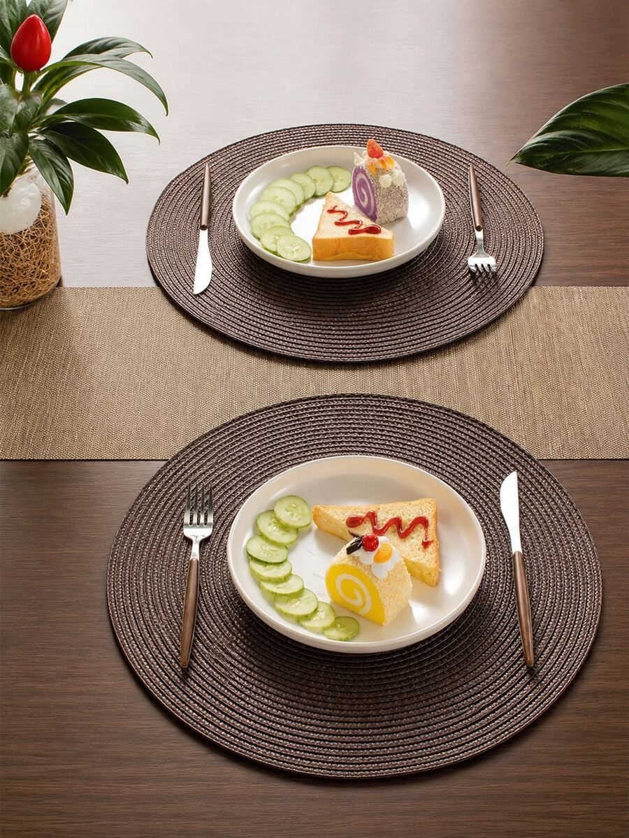 30/38cm Brown Plastic Hand-Woven Placemat, 12cm Coaster, Round Woven Placemat, Heat-Resistant, Decorative Placemat, Multiple Colors Available, Table Mat, Wrinkle-Resistant Placemat, Suitable For Birthday, Christmas, Halloween