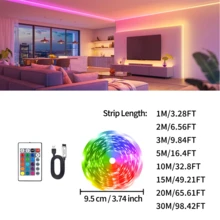 16.4FT RGB LED Strip Light, USB Powered TV Backlight With 24‑Key IR Remote, Color Changing Self‑Adhesive Light For TV, Sofa, Wall, Bedroom Home Decoration - 24K-3535 - View 2