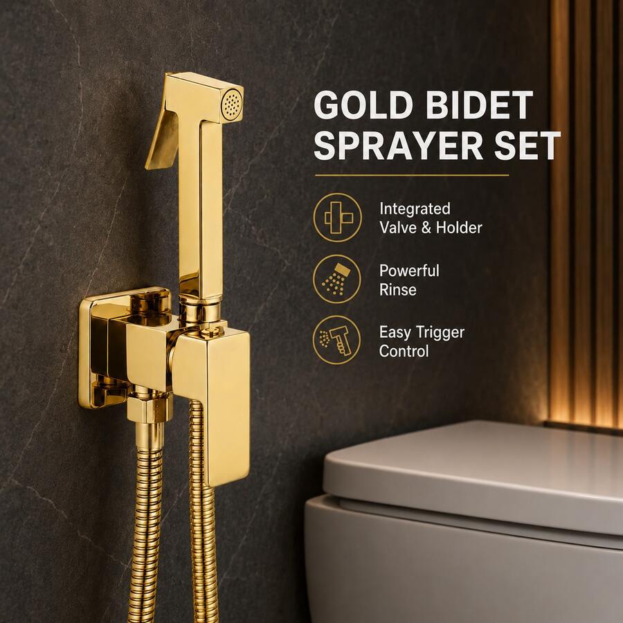 Gold Handheld Bidet Sprayer For Toilet, High-Pressure Bathroom Cleaning Spray Set With Integrated Shut-Off Valve, Wall Mount Holder & Flexible Hose, Single Cold Water Toilet Attachment - A - View 1