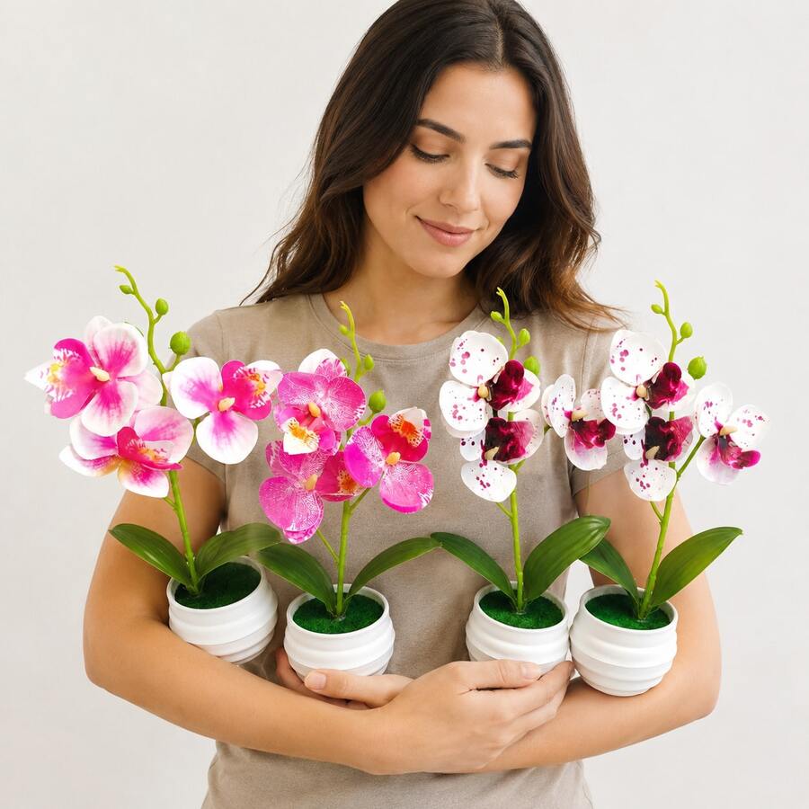 4pcs/Set - High Quality Artificial Mixed Color Phalaenopsis Orchids (With Pot), Beautiful Orchid Flowers, Lovely Room Decor, Home Indoor/Outdoor Decoration, Garden Decoration, Holiday Shopping, Luxurious Artificial Flower Gift, Valentine's Day/Graduation/Mother's Day/Anniversary/Housewarming, No Maintenance, Holiday Decorative Flowers - Multicolor - View 1