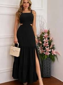 Women's Long Cut-Out Side Slit Fitted Elegant Summer Party Sophisticated Premium Fashion Dress - Black - View 2