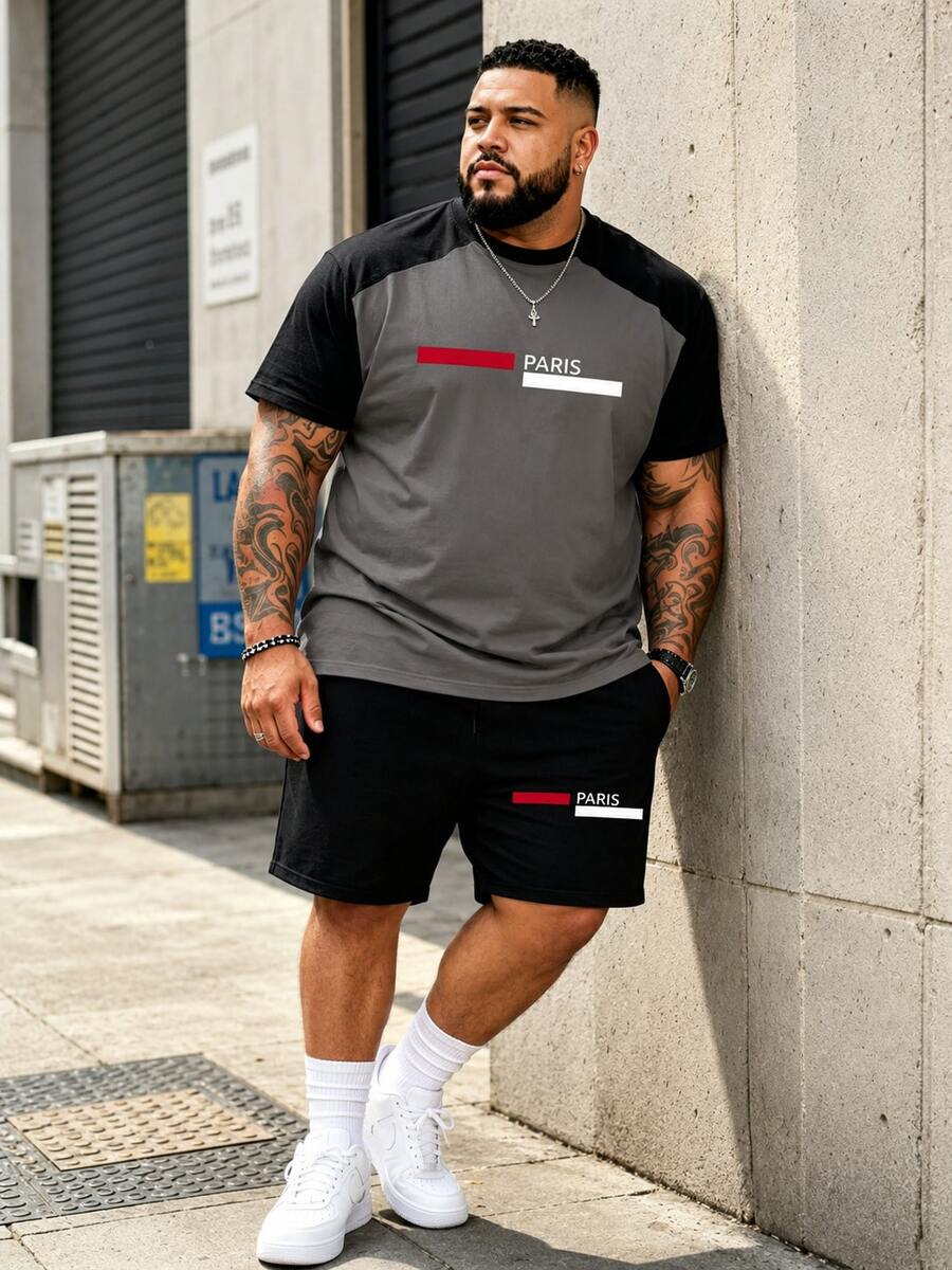 Plus Size Street Fashion Brand Plus Size Men's Summer Set, Loose Fit Contrast Color Raglan Sleeve T-Shirt (PARIS Simple Print) + Matching Black Shorts, Casual Stylish Outfit For Big Guys Sports - Black - View 1