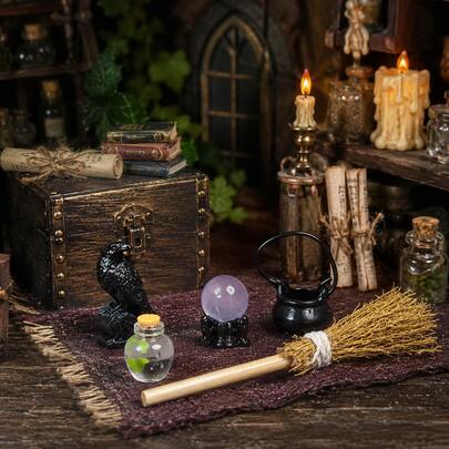 Halloween Miniature Crow Broom Decor Set, Black Crow Magic Ancient Book Crystal Ball Mini Cauldron Broom Potion Bottle Feather Candle Holder, Dollhouse Study Scene Miniature Accessories, Miniature Collector's Item