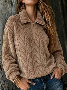 Women's Casual Fleece Half-Zip Pullover, Embossed Embossed Pattern Collar Long Sleeve Warm Jacket, Suitable For Autumn Wear - Khaki - View 3