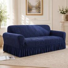 1pc Vintage Woven Jacquard Pattern Skirted Full Cover Elastic Sofa Cover, Dust-Proof & Stain-Resistant, Stretchable One-Piece Full Coverage Sofa Protector, Living Room Home Decor, Machine Washable - Royal Blue - View 10