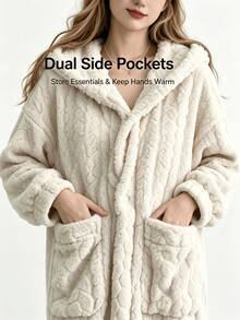 1pc Women's Comfortable Coral Fleece Hooded Robe, Extra Long Wearable Blanket, Plus Size Thick Warm Bathrobe, Winter Home Essential, Soft Warm Loungewear With Pockets, Machine Washable - Multicolor - View 7