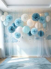 1 Set Gray Blue & White Party Decoration Paper Lanterns - 15pcs Birthday Bridal Shower Ribbon Honeycomb Balls - Blue Tones - View 1