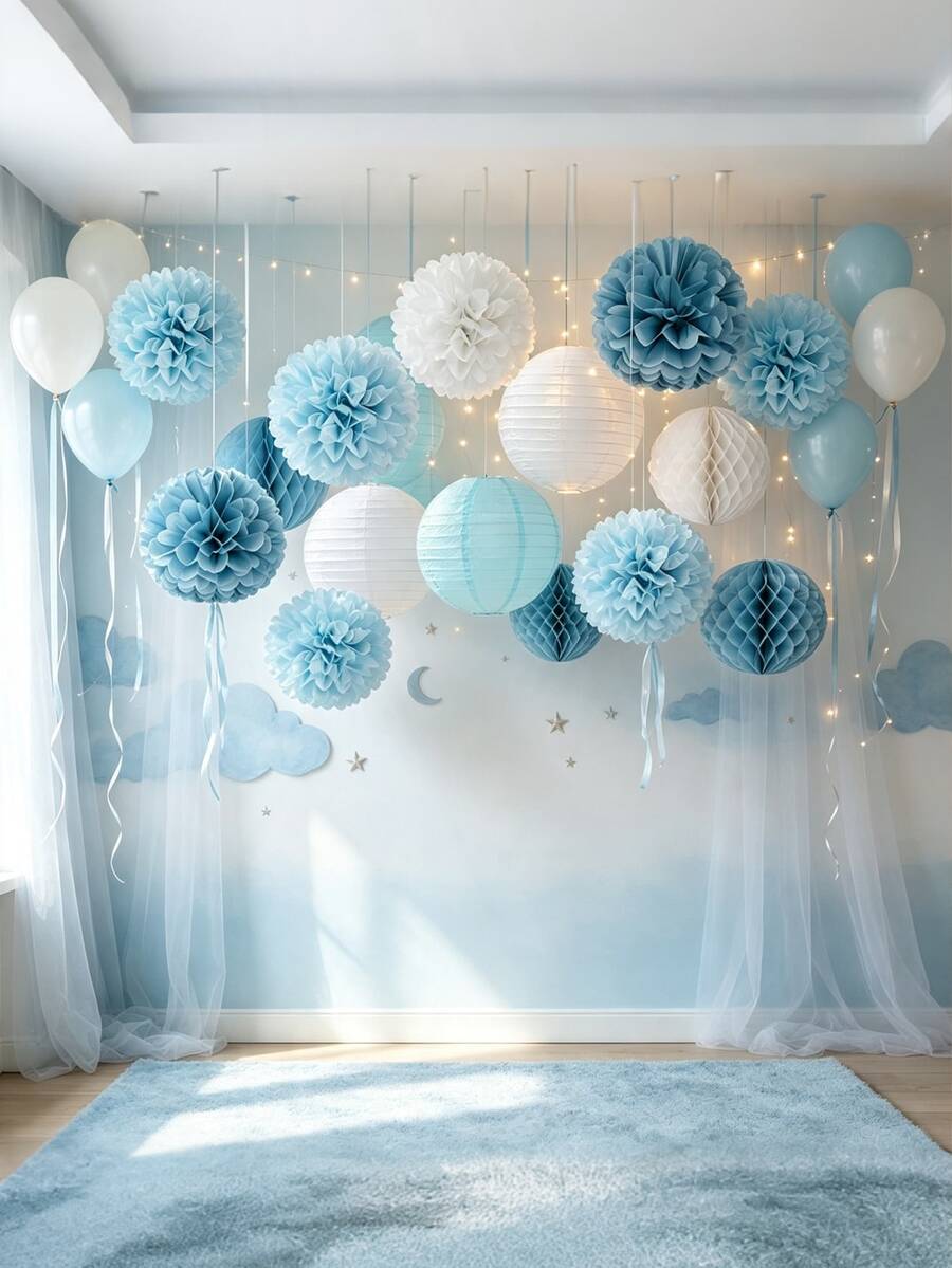 1 Set Gray Blue & White Party Decoration Paper Lanterns - 15pcs Birthday Bridal Shower Ribbon Honeycomb Balls - Blue Tones - View 1