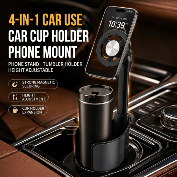 2 In 1 Car Cup Holder Phone Mount & Tablet Stand, Strong Magnetic Cup Holder Expander With 360° Rotation & Adjustable Height, Universal Fit For Phone, SUV, Truck