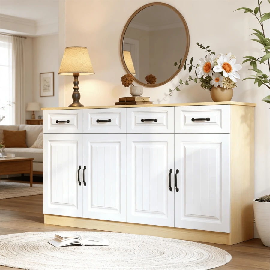 Sideboard, White And Natural Wood With 4 Drawers - 自然白 - 查看 1