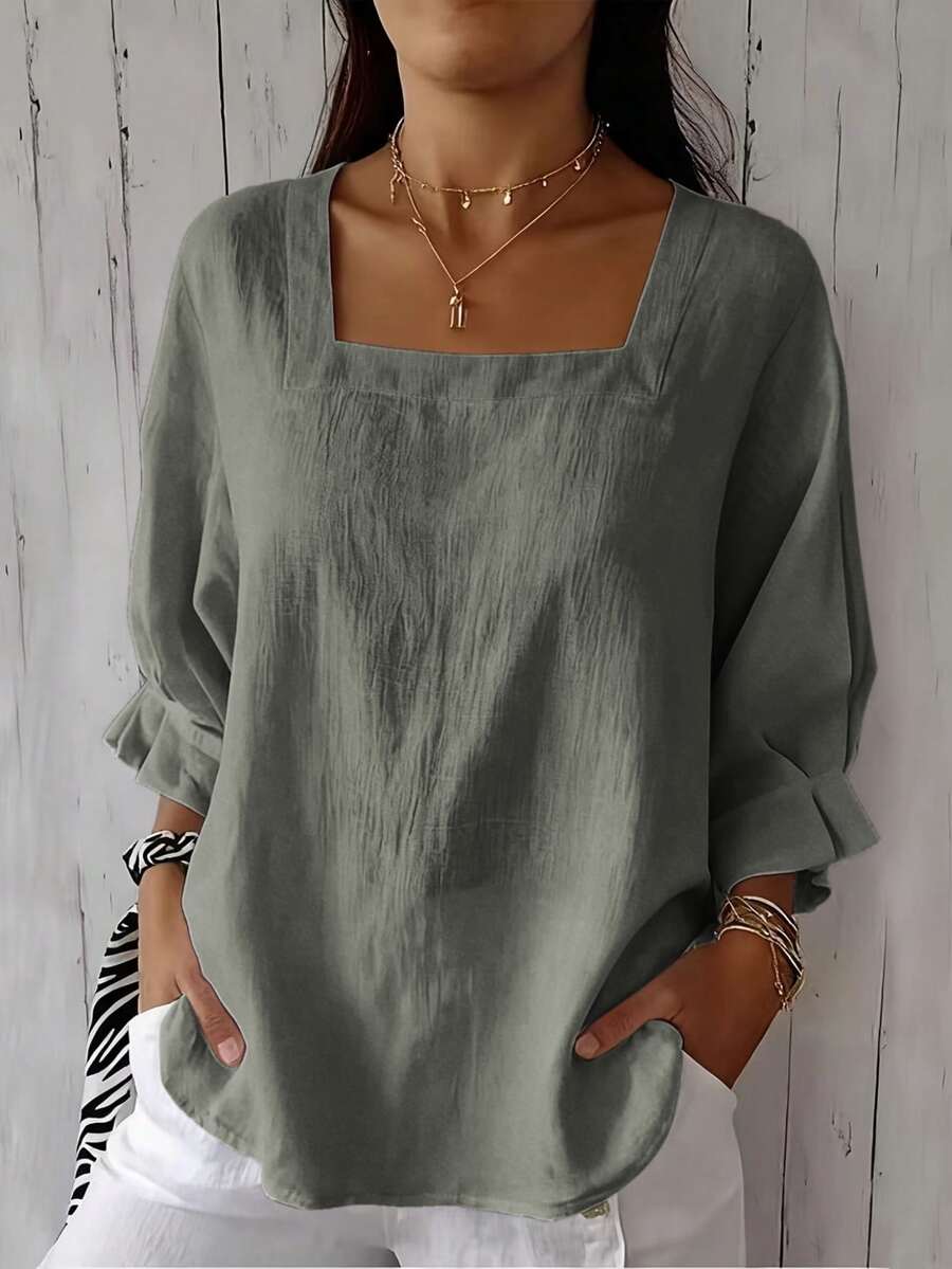 Women's Plus Size Short Sleeve Solid Color Square Neck Drop Shoulder Lotus Ruffle Cuff Summer Blouse - Grey - View 1