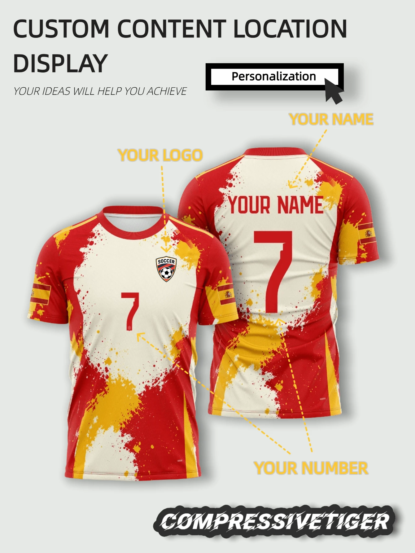 Custom Spanish Gradient Football Jersey, Red & Gold Contrast Colorway, Customizable Front & Back, Free Change Of Player Name & Jersey Number, Custom Team Logo, Soft & Comfortable Fabric, Suitable For Football, Basketball, Volleyball Matches, Training And Daily Wear, Create Exclusive Team Match Outfit, 2026 Football Match - Red - View 1