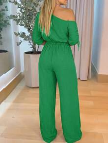 Women's Elegant Open Shoulder Drawstring Long Sleeve Jumpsuit, High Waist Fashion Party Casual Versatile Style - Green - View 5