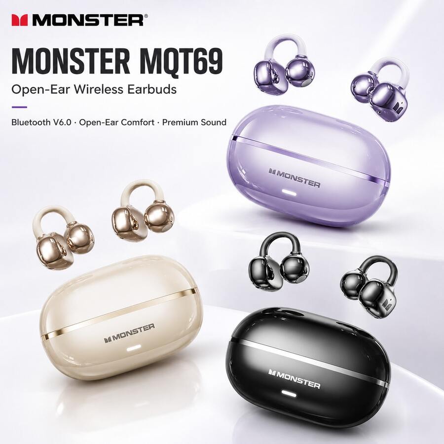 Monster Earbud Nirkabel Bluetooth 6 Model Jepit Terbuka, Headset Olahraga Ringan, Mode Latensi Rendah untuk Game, Peredam Kebisingan Panggilan ENC, Daya Tahan Baterai Lama untuk Olahraga Harian, Perjalanan, dan Bermain Game