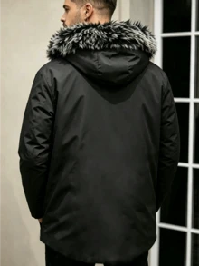 Men's Hooded Fur Collar Loose Padded Coat, Winter - Black - View 2