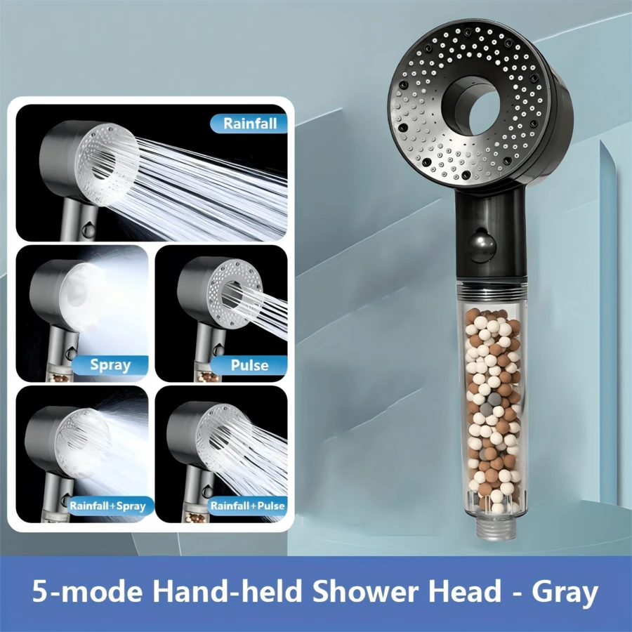 1pc High Pressure Water-Saving Shower Head, 5 Adjustable Modes, With Bead Filter, ABS Material, Pressurized Shower Head, Bathroom Accessory, Home Bathroom Decor, Autumn Decoration - A - View 1