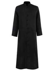 Black Long Robe, Vintage Stand Collar Single-Breasted Long Shirt, Loose Breathable Daily Robe, Arabic Middle Eastern Style Holiday Outfit, Minimalist Flattering, Festival Performance Costume, Stage Show Outfit, Casual Long Robe - Black - View 2