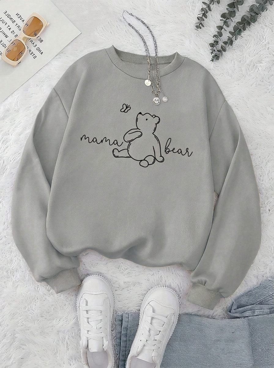2026 Valentine Women Sweatshirt, White Bear Mom & Bear Hug Print Crew Neck Soft Long Sleeve Pullover, Maternity‑Friendly For Spring Autumn Winter - 淺灰色 - 查看 1