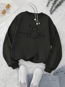 2026 Valentine Women Sweatshirt, White Bear Mom & Bear Hug Print Crew Neck Soft Long Sleeve Pullover, Maternity‑Friendly For Spring Autumn Winter - 黑色 - 查看 1