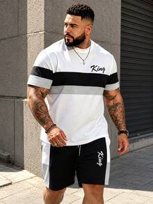 Camiseta de manga corta con rayas horizontales tricolor y patchwork estilo callejero para hombres de talla grande + shorts casuales a juego, color negro único de alta gama - Negro - Ver 1