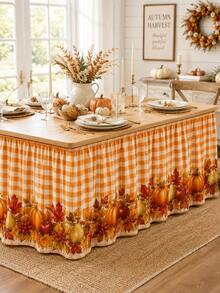 1pc-Thanksgiving Table Skirt, Fall Harvest Border Table Skirt With Pumpkin Apple Pear Maple Leaf Print, Orange Gingham Table Skirt For Dining Table, Buffet Table, Dessert Table, Autumn Party, Thanksgiving Home Kitchen Decoration - Multicolor - View 2