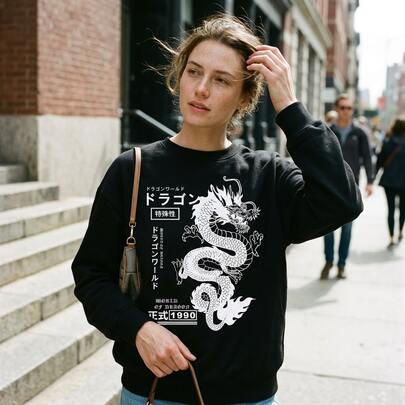 2026 Chinese Dragon Graphic Casual Crewneck Sweatshirt, 50% Cotton 50% Polyester Blend Pullover For Fall Streetwear