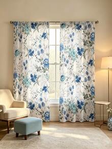 2pcs Refreshing Watercolor Floral Curtains, White Background With Blue Flower Patterns, Rod Pocket Design, Provides Privacy And Easy Installation, Ideal For Home Windows - Multicolor - View 7