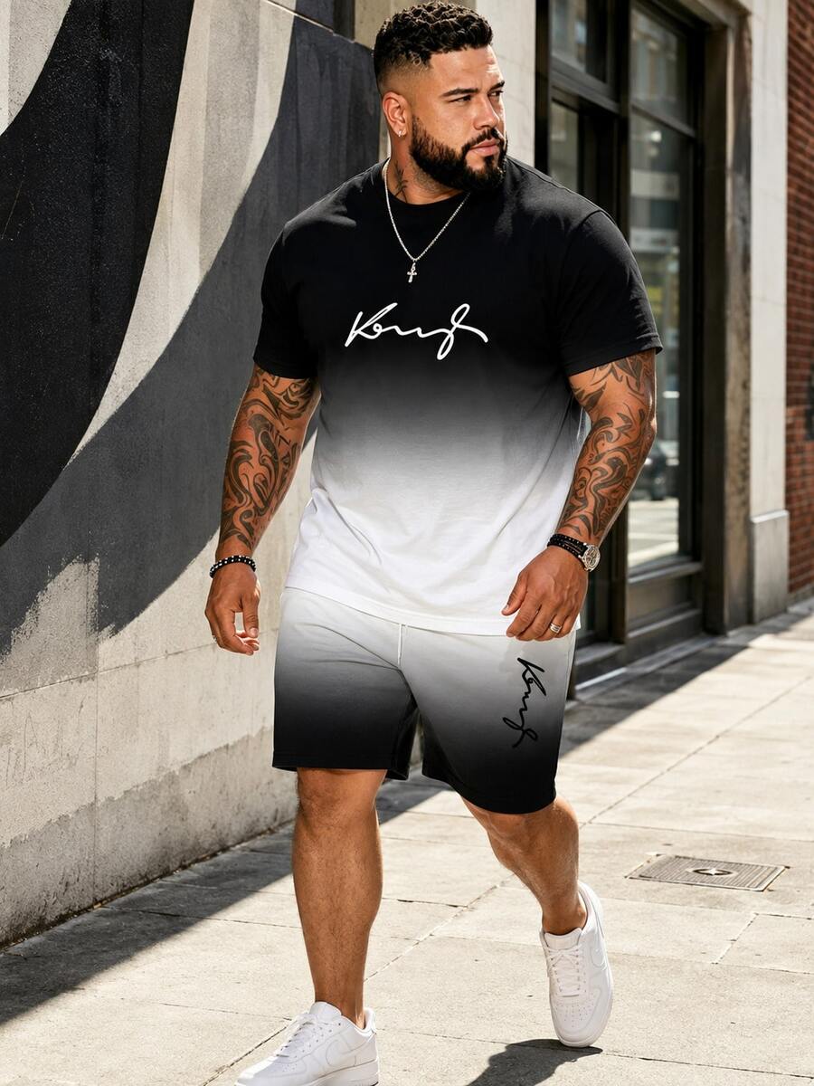 2pcs/Set Plus Size Men Street Style Black-Grey-White Gradient Tie-Dye Handwritten "King" Graphic Tee + Casual Shorts Set, Niche High-End Loose & Comfortable Plus Size Daily Outfit Summer Sports - 黑與白 - 查看 1