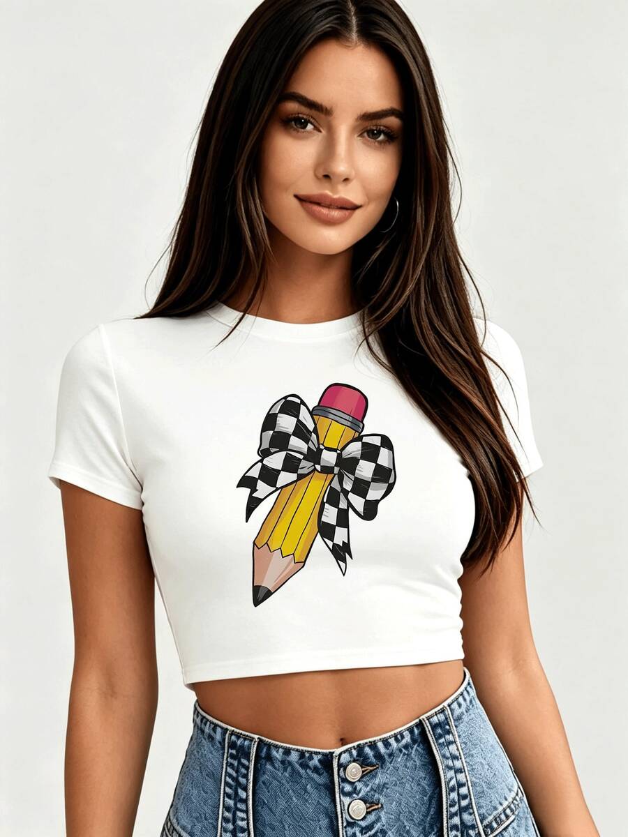 Pencil Checkered Bow Graphic Crop Top For Women, Cute Short Sleeve Fitted Cropped T‑Shirt, Soft Stretchy Summer Back To School Tops - 白色 - 查看 1