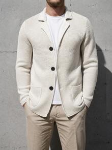 Autumn Winter New Men Lapel Knit Cardigan Single‑Breasted Sweater Blazer Coat European & American Outerwear - White - View 1