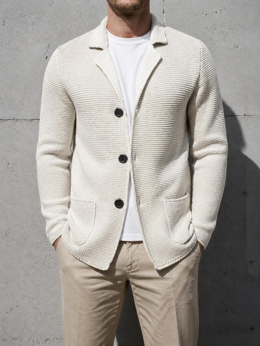 Autumn Winter New Men Lapel Knit Cardigan Single‑Breasted Sweater Blazer Coat European & American Outerwear - White - View 1