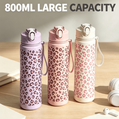BENNY 800ml Leopard Print Outdoor Water Bottle, INS Style Leopard Pattern Outdoor Water Bottle, Large Capacity Water Bottle, Leak-Proof Tritan Plastic Water Bottle With Pop-Up Lid, 27oz Large Capacity, Pink And Purple, Suitable For Islamic Holidays, Back To School Season, Valentine's Day, Mother's Day, Christmas, Gifts For Women And Teen Girls