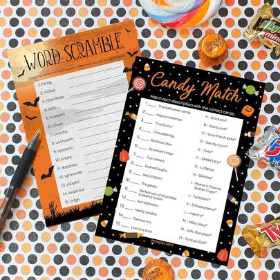Halloween Game Set, Word Puzzle And Candy Matching | Double-Sided Cards, 5" X 7", With Answer Key, Autumn Party Theme Activity