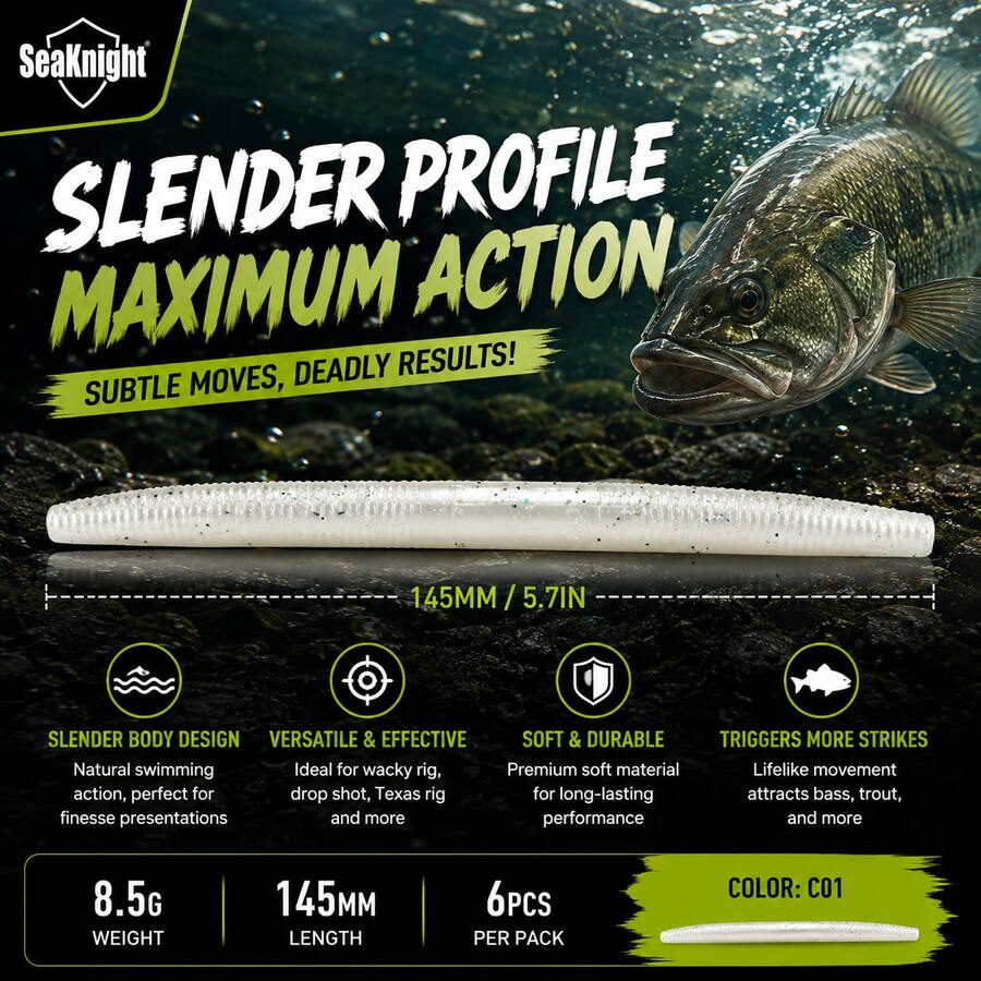 Seaknight Soft Lure, Slim Design, Realistic Swimming Action, Durable Flexible Silicone Worm, Suitable For Bass, Trout, Freshwater Fishing, Compatible With Wacky Rig, Drop Shot, Texas Rig - Multicolor - View 1