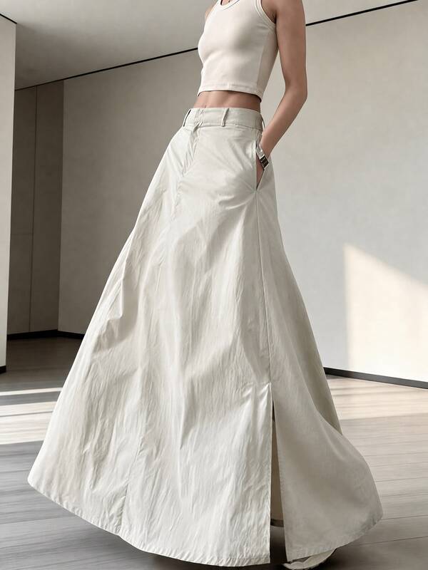 Women's Fashion Casual Versatile High Waist Loose Flare Long Skirt, Side Slit, Solid Color With Pockets Skirt