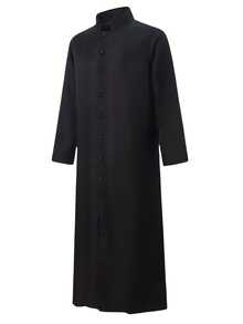Black Long Robe, Vintage Stand Collar Single-Breasted Long Shirt, Loose Breathable Daily Robe, Arabic Middle Eastern Style Holiday Outfit, Minimalist Flattering, Festival Performance Costume, Stage Show Outfit, Casual Long Robe - Black - View 4