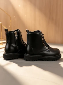 Children's Ankle Boots, Front Lace-Up + Back Zipper, Thick Serrated Sole, PU Leather Boys & Girls Boots - Black - View 7